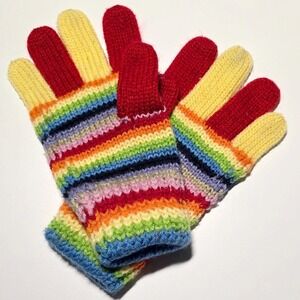 Kids Rainbow Striped Knit Gloves Winter Warm Mittens approx 7.5"‎ long M/L